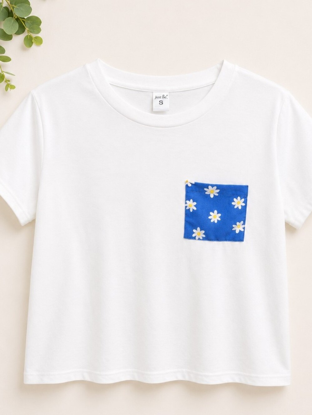 White Tee with Blue Daisy Pocket